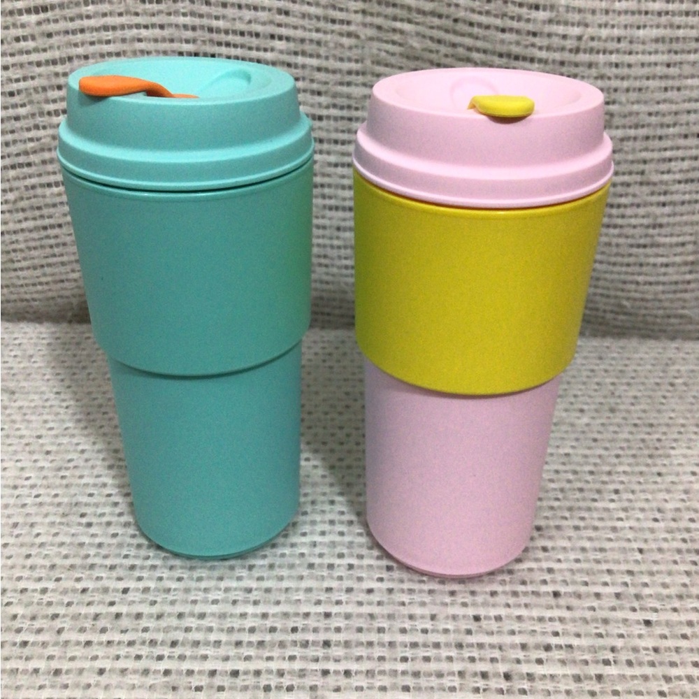 2 Tupperware To Go Eco Cups, Coffee, Tea 16 oz blue pink